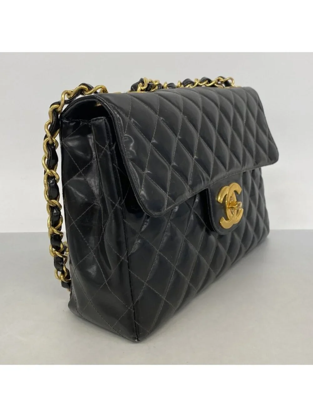 Chanel Shoulder Bag Maxi Quilted Patent Leather Black Gold